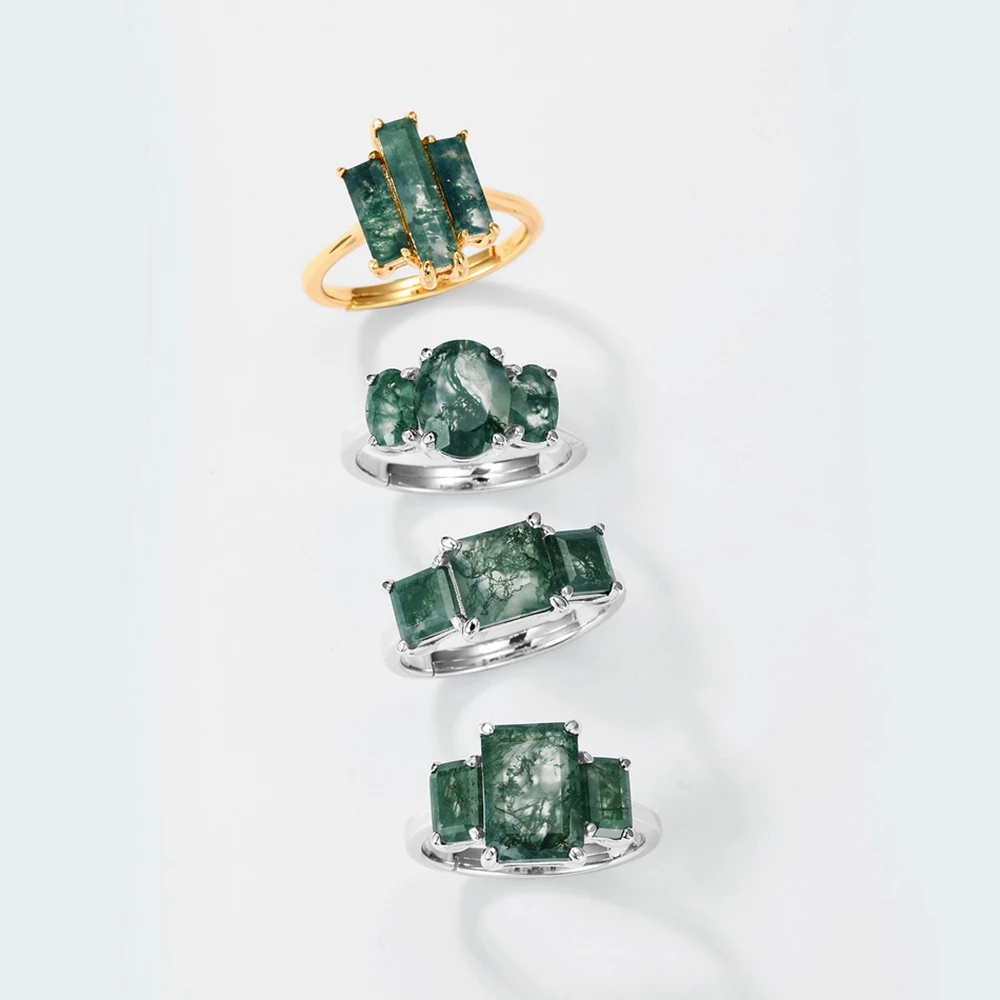 WES 925 Sterling Silver Unique Three Stone Moss Agate Rings for Woman Natural Gemstone 3*12mm Gold Plated Wedding Gifts Trendy