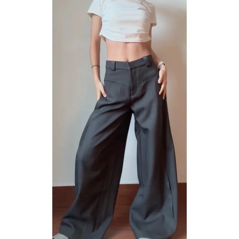 Women Suit Pants 2025 Spring Autumn New Grey Dress Slacks High Waisted Wide Leg Plus Size Drapey Lazy Vibe Floor Length Pants