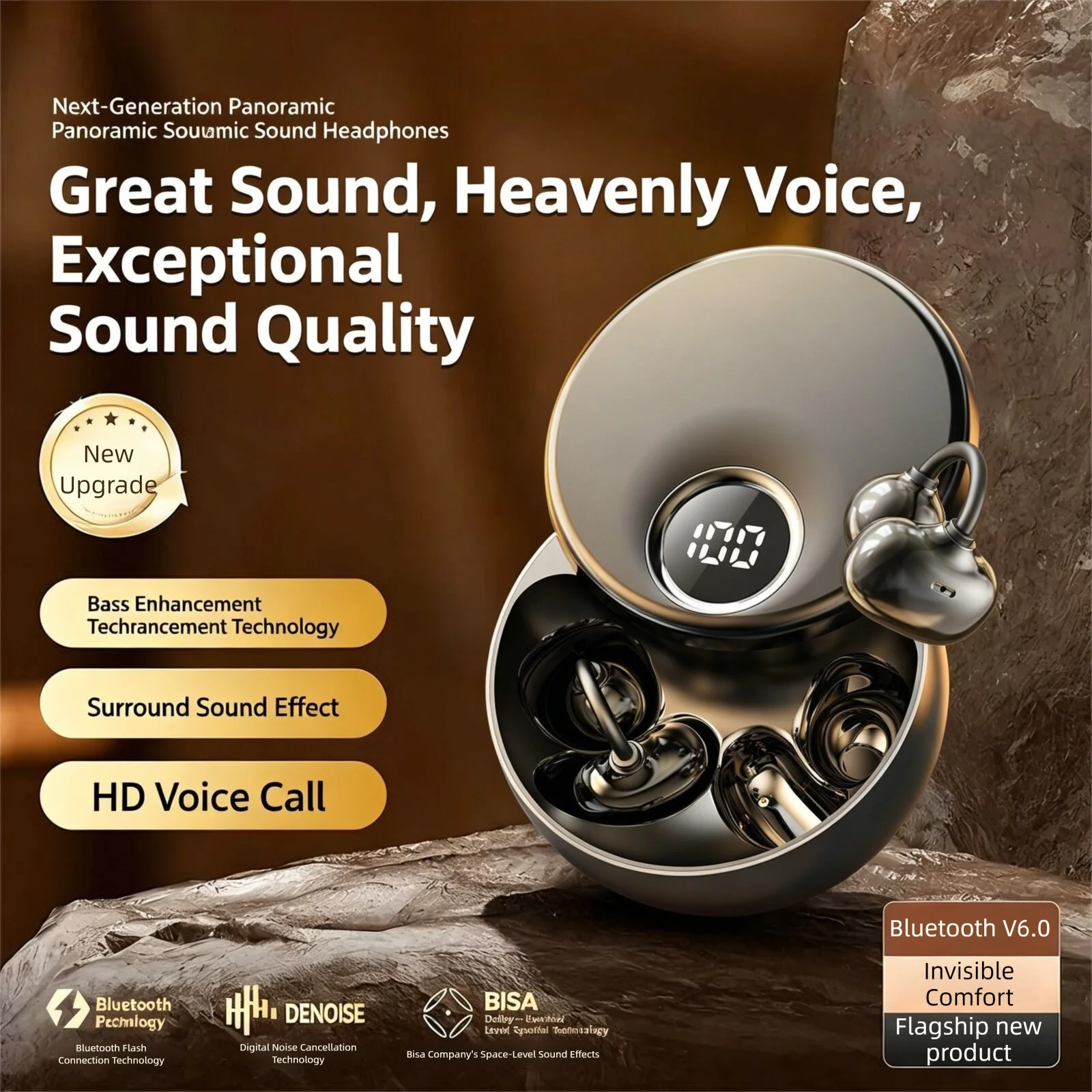 

2026 New Ear-Clip Bluetooth Earbuds Rotating Charging Case Long Battery Life Comfortable Wear Headphones For Music Gaming Sports