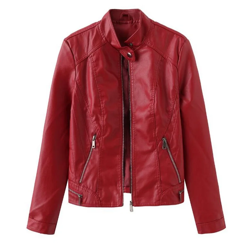 Women\'s Leather Jacket Sleeve Zipper Decoration Fashion Standing Neck Diagonal Zipper Faux Leather Coat