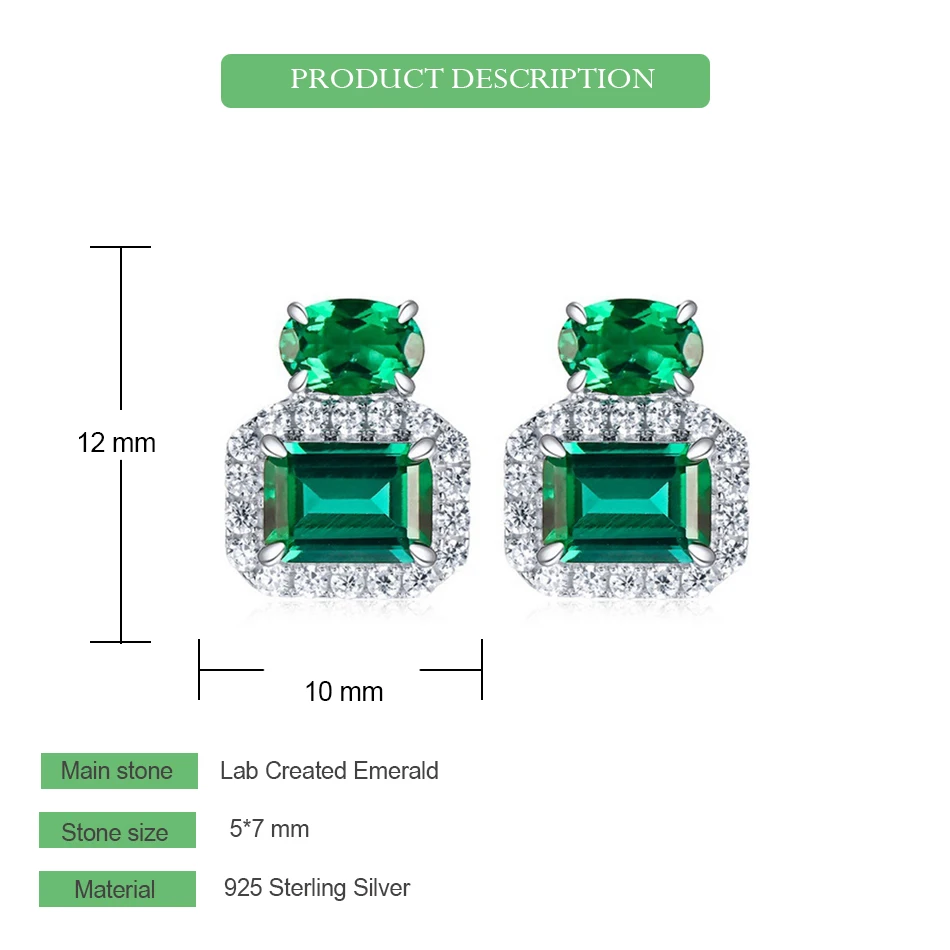 WES 925 Sterling Silver Crystal Stud Earrings for Woman With Lab Created Emerald Engagement Birthday Gift May Birthstone Jewelry