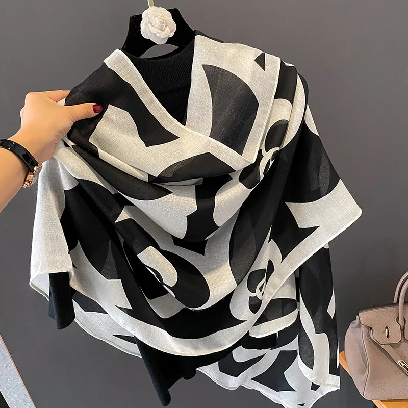 New Retro Camellia Fashion Cotton and Linen Feel Oversized Silk Scarf Gauze Female Summer air Conditioning Shawl Warm Scarf