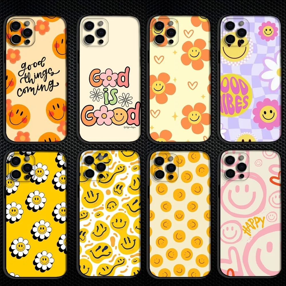 

Smiley Flower Fun Phone Case For iPhone 16,15,14,13,12,11 Plus,Pro Max, Soft Silicone Black Cover