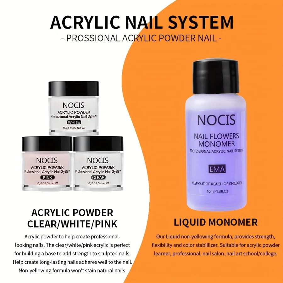 Acryl-Nagelset mit Pinseln, Monomer, klares und rosafarbenes Acrylpulver – nicht vergilbte Formel, parfümfrei – Nagelkunst-Set für Anfänger