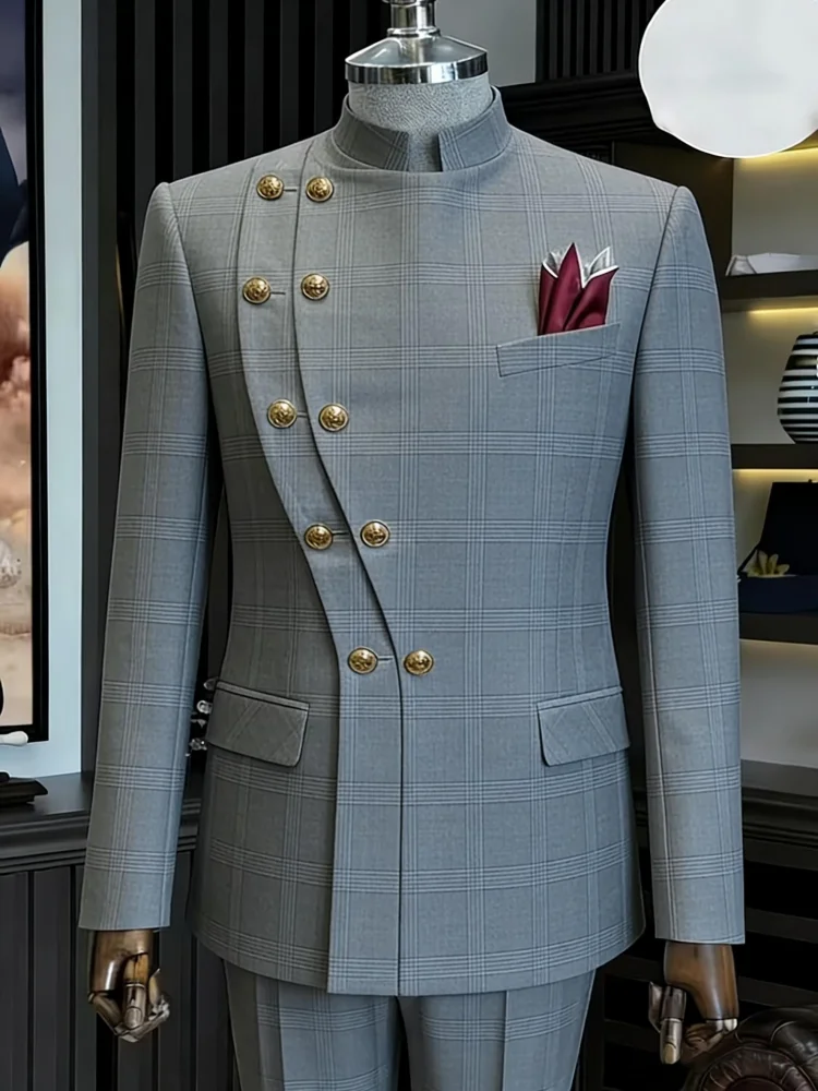 Mens Slim Fit Plaid Blazer Mandarin Collar Asymmetric Double Breasted Suit Jacket Men Fashion Formal Outerwear