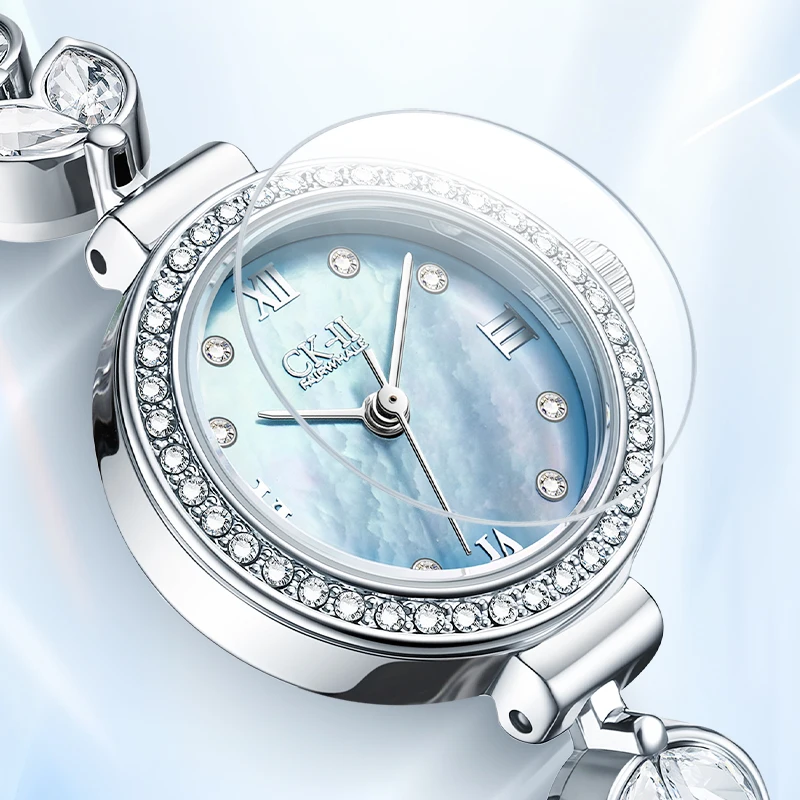 MARK FAIRWHALE Women's Quartz Watch Round Dial Zircon Leaf Metal Bracelet High Transparency Coated Glass Ladies Wristwatch