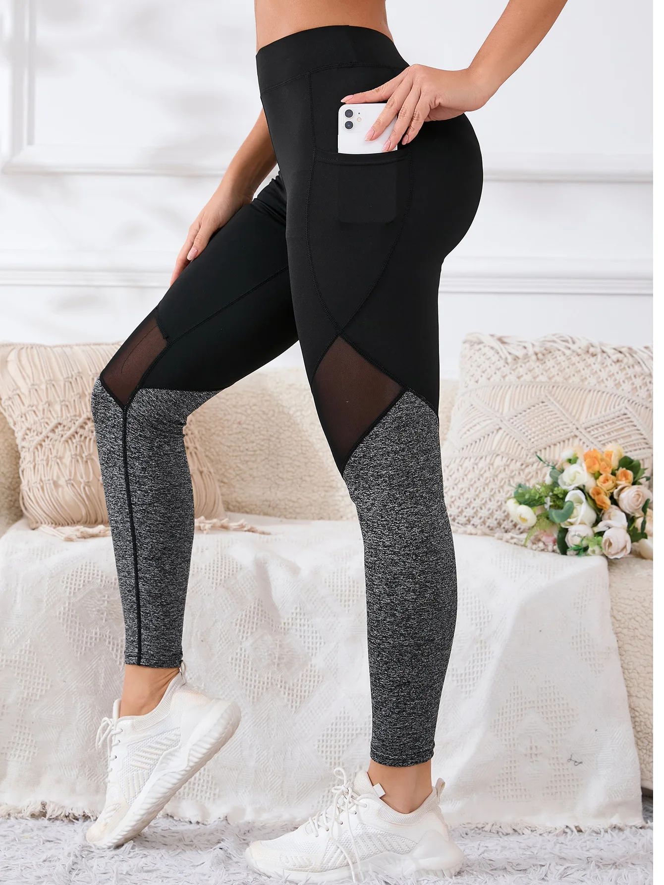 Farbblock-Yogahose für Damen, hoch taillierte und hüfthebende Taschen-Leggings, sportliche Outdoor-Freizeit-Fitnessbekleidung