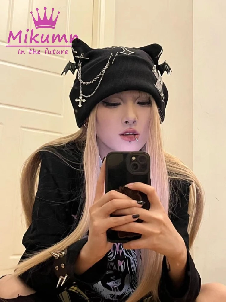 MikAutumn-Gorro Gótico Grunge Feminino com Orelha de Gato, Asa de Morcela, Preto, Harajuku, Punk, Corrente Transversal, Chapéu de Malha, Quente, Streetwear Chique, Inverno