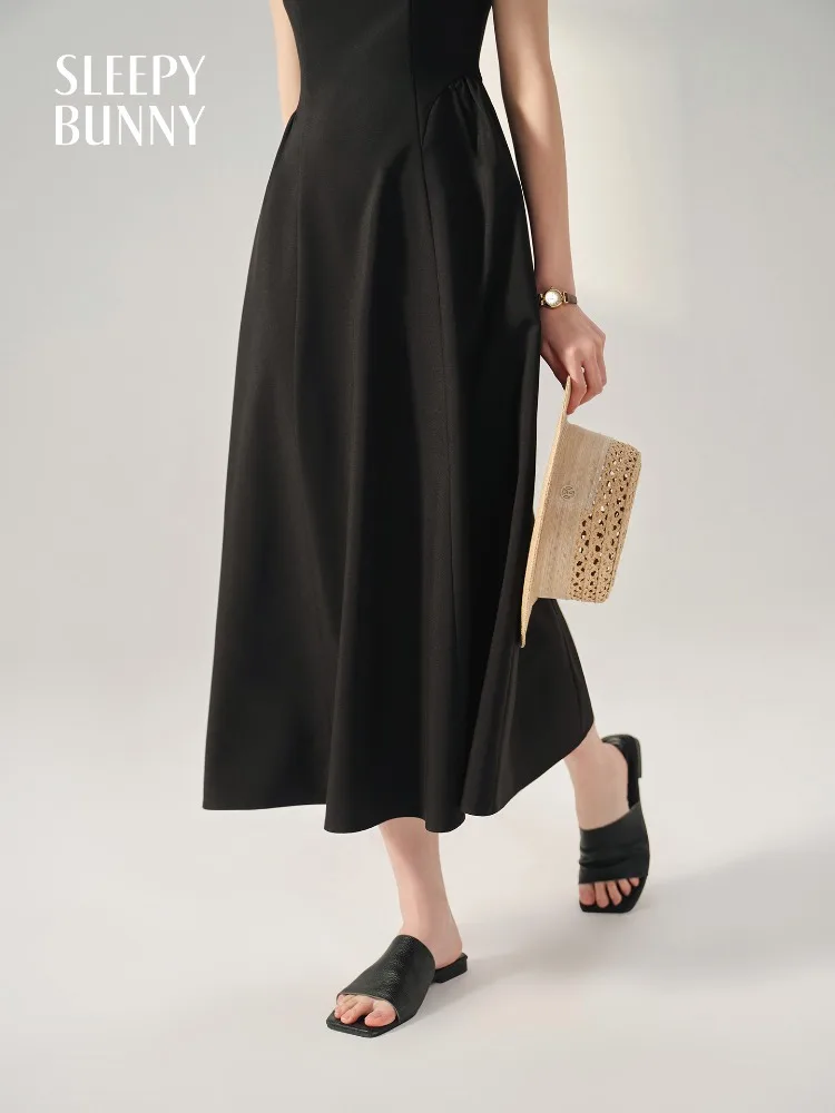Elegant แขนกุดชุดยาวสีดําสําหรับผู้หญิง Hepburn สไตล์ปิดไหล่เอวสูง SLIM FIT ฤดูร้อน A Line Maxi Dress PARTY Work