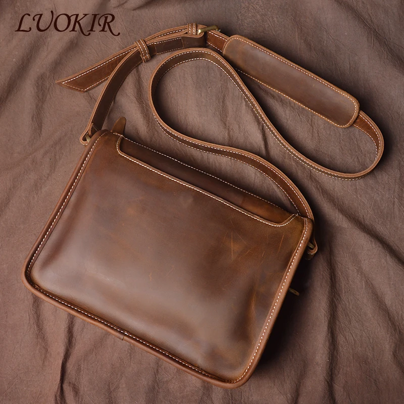 LUOKIR Men\'s Simple Genuine Leather Crossbody Bag Vintage Leisure Luxury Designer Crazy Horse Cowhide Shoulder Messenger Bags