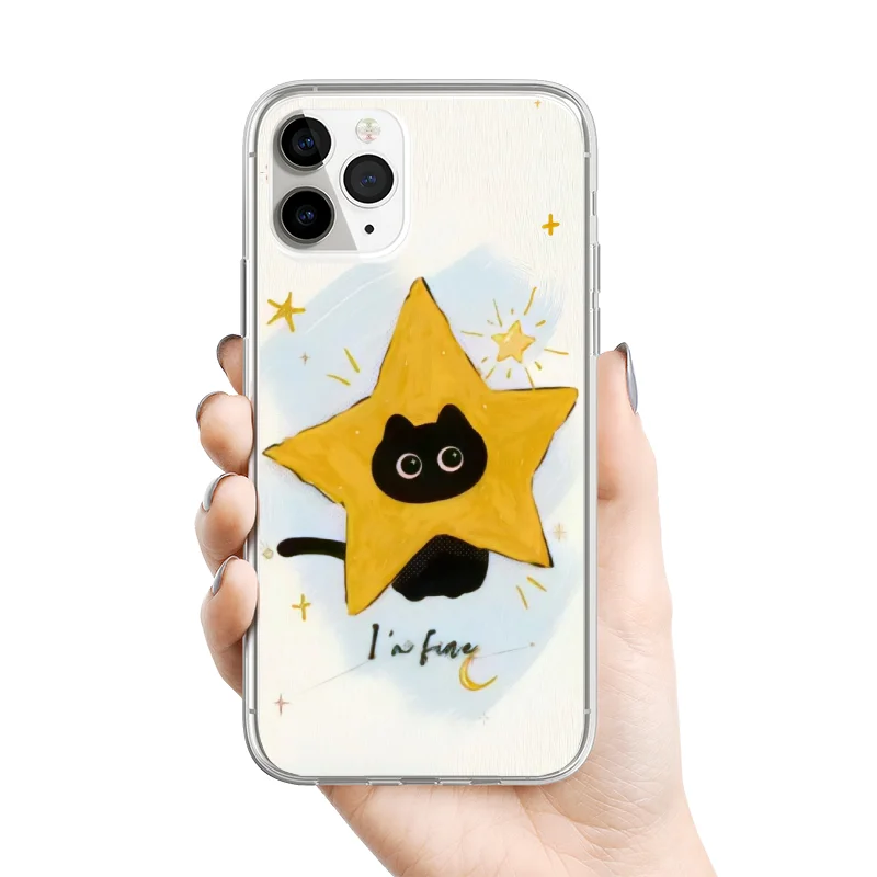 Star Luna Black Cat Phone Case For IPhone 15 13 14 Pro Max 11 12 Mini X XR 7 8 Plus SE2022 Cartoon Space Cats Transparent Covers