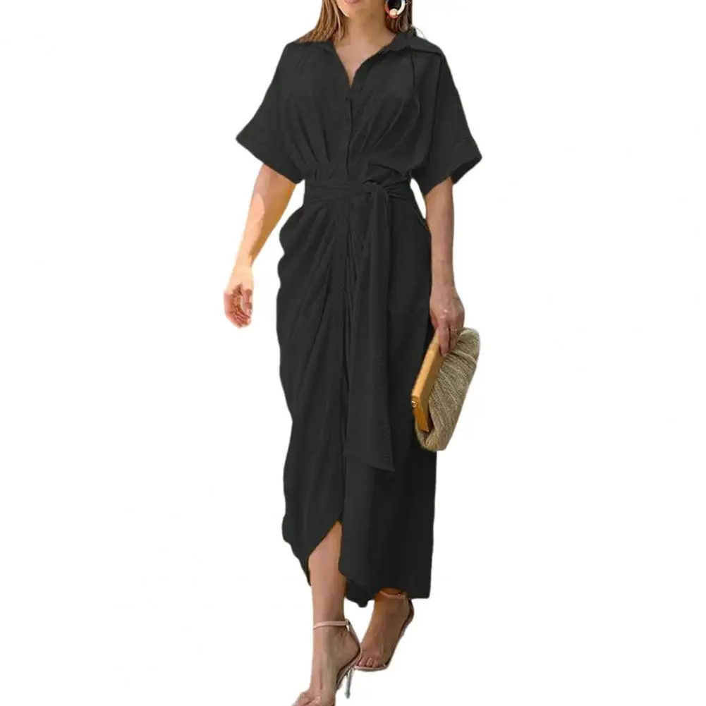 

Shirt Dress Elegant Lace-up with Turn-down Collar Pleated Details for Summer Wardrobe Women 2024