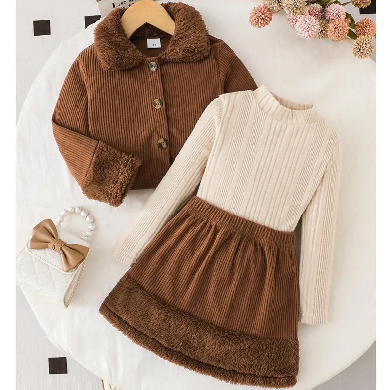 

Kids Girls Fall-Winter Corduroy Clothing Suit – Long-Sleeve Textured Shirt Top + Matching Dress, Warm Caramel Outfits 2Pcs Set