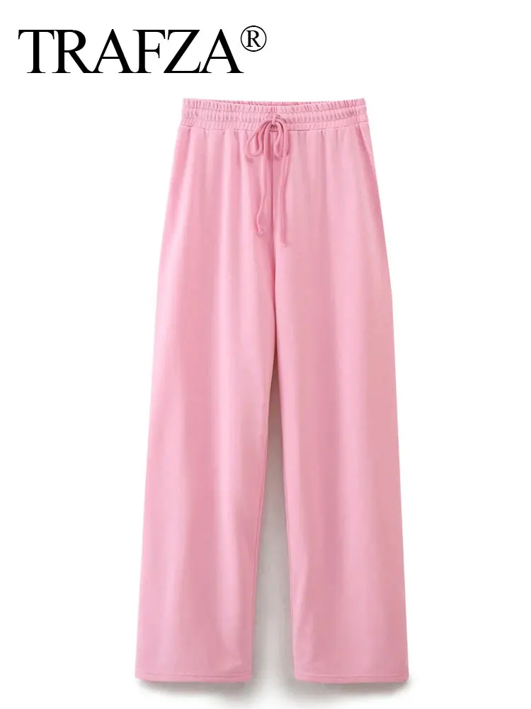 TRAFZA Spring Women Casual Straight Pant Sweet Pink Drawstring Loose Trousers 2024 New Fashion Solid Woman Jogging Pants