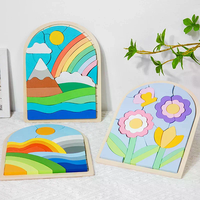 บล็อกไม้รูปทรงสายรุ้ง ปริศนาไม้รูปทรงและสีสันแปลกตา ของเล่นเสริมพัฒนาการด้านการเรียนรู้สำหรับเด็กเล็ก