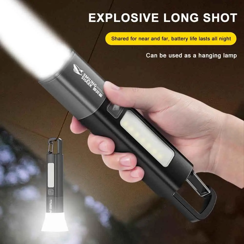 Smiling Shark SD1023 LED Torch Light XPE Super Bright Flashlight with Hook Camping Light USB Rechargeable Zoomable Waterproof