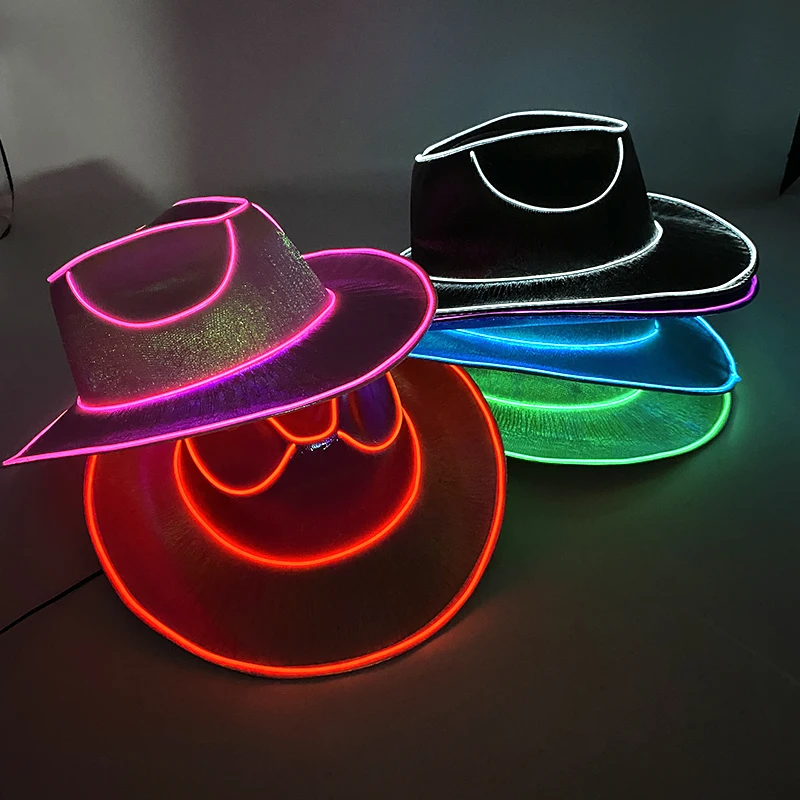 Gorra de vaquero brillante con LED de neón, sombrero de vaquera para exteriores, decoración de fiesta, a la moda, iluminada en la oscuridad