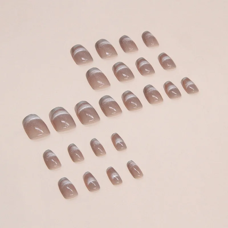 24 stücke Katzenauge Französisch Fingernägel gefälschte Presse auf Nägel Acryl kurze künstliche falsche Nägel mit Kleber einfache Stick-on Nail Art