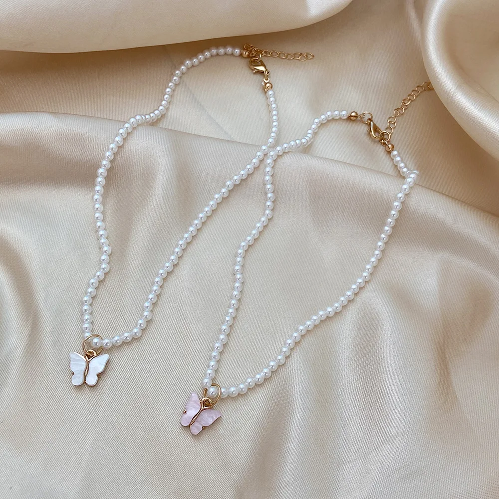 New Trendy Fashion Gold Color Alloy Cute Elegant Pearls Butterfly Pink White Pendant Necklace for Women Fashion Jewelry Dropship