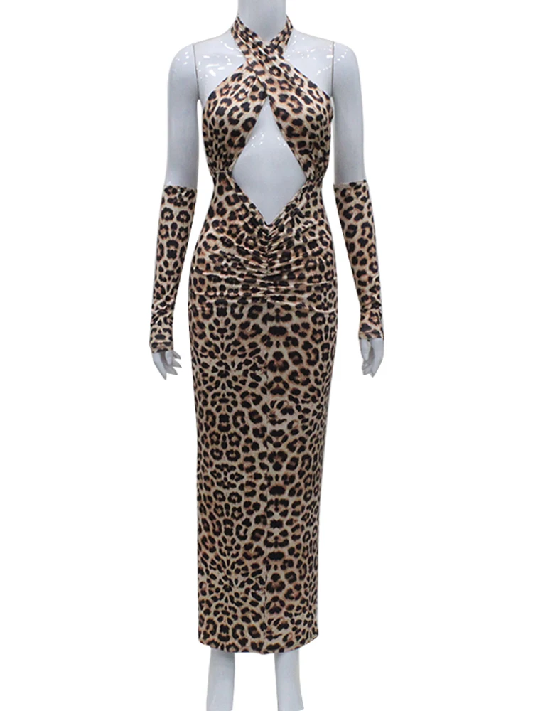 Cnyishe Sexy Club Party Maxi Dresses Women Fashion Leopard Print Halter Hollow Out Slim Sheath Bodycon Vestidos Robes Female