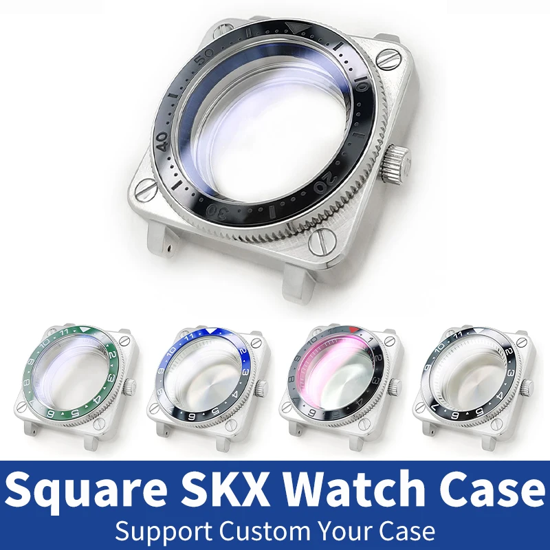 الفضة مربع SKX ساعة حالة الفولاذ المقاوم للصدأ لامعة/نحى تاج الياقوت الزجاج وزارة الدفاع NH35 NH36 4R36 حركة الساعات حالات أجزاء