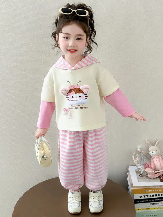 

Комплект из двух предметов для девочек: мультяшная кепка и спортивный костюм с полосками, весенняя новинка, милый комплект с худи, свободный крой, длинный рукав, с завязками