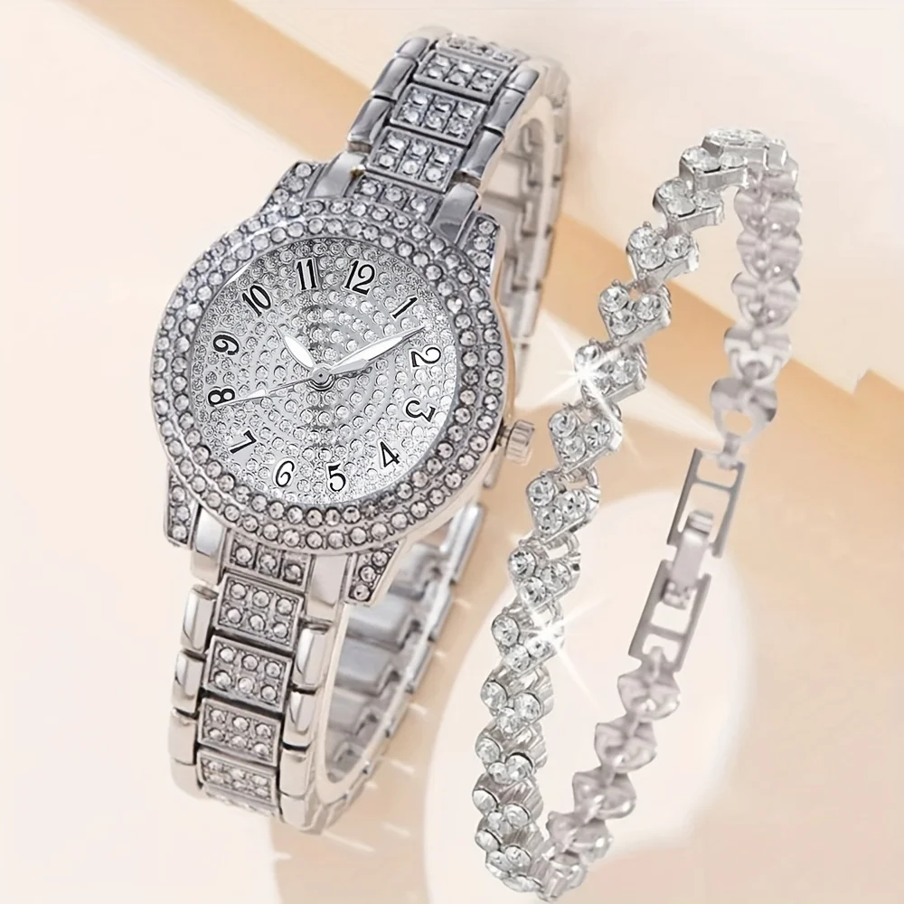 

1pc Rhinestone Decor Quartz Watch Elegant Round Pointer Arabic Numeral Analog Wristwatch & 1pc Bracelet, Festival Gift For Women