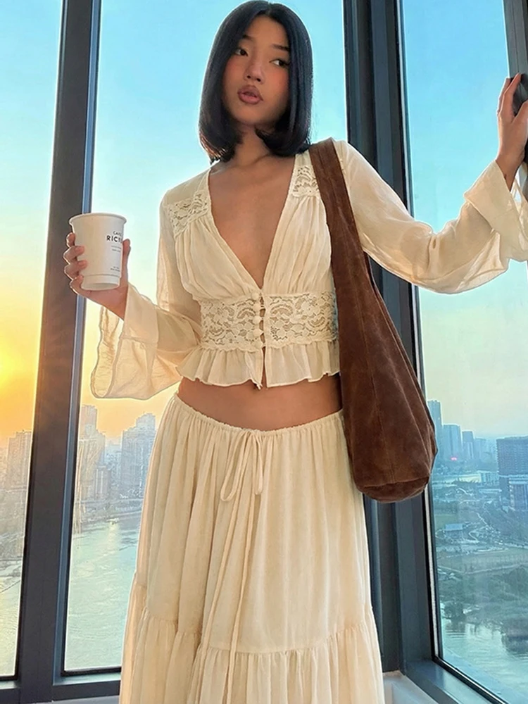 Fantoye-Conjunto de falda de gasa transparente para mujer, retales de encaje, cuello en V, manga acampanada, cárdigan con volantes, falda larga con cordón, traje a juego