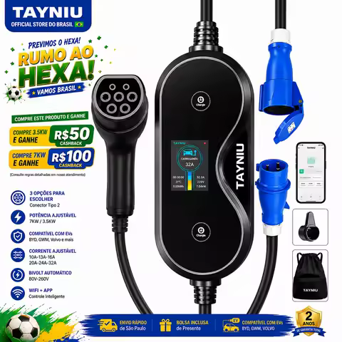 Carregador de Carro Elétrico TAYNIU 7kW 32A com Controle por APP, Wallbox TIPO 2 16A 3.5kW com Cabo de Carregamento de 5M para BYD, Kia, Nissan EVs