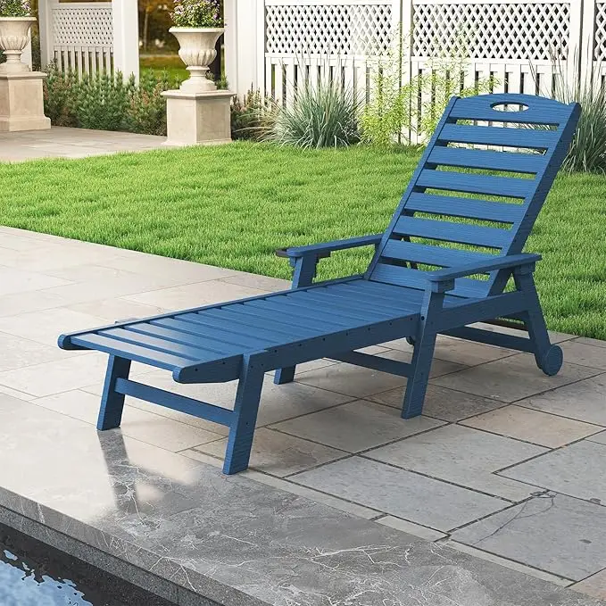 Patio HDPE Outdoor Chaise Lounge with Reclining Backrest, Pool Lounger Chair for Outside, Poolside, Sunbathing Tanning, Blue.