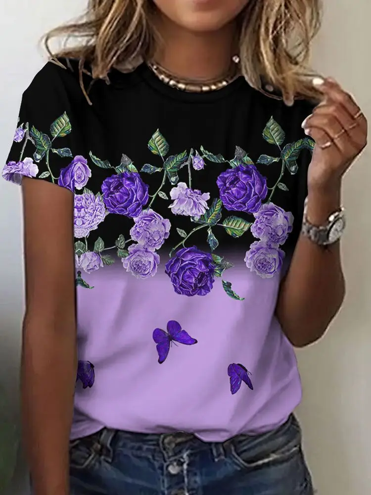Summer Rose Floral T-Shirts Flower 3D Print Women's Casual Short Sleeve Round Neck T Shirt Harajuku Y2K Tees Top Female Clothing