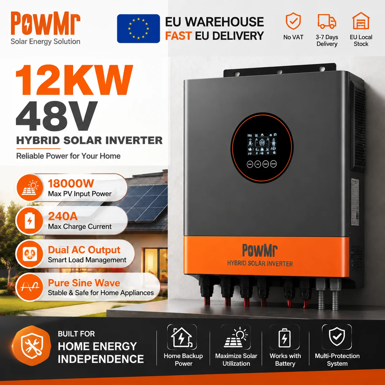 PowMr 12000W 48V Hybrid Solar Wechselrichter mit MPPT 160A Laderegler, Doppel-PV 60-450VDC, 15000W Eingang, Netzunabhängiger Sinus UPS, für Blei- und Lithiumakkus, Haus-Speicher Villa Hütte