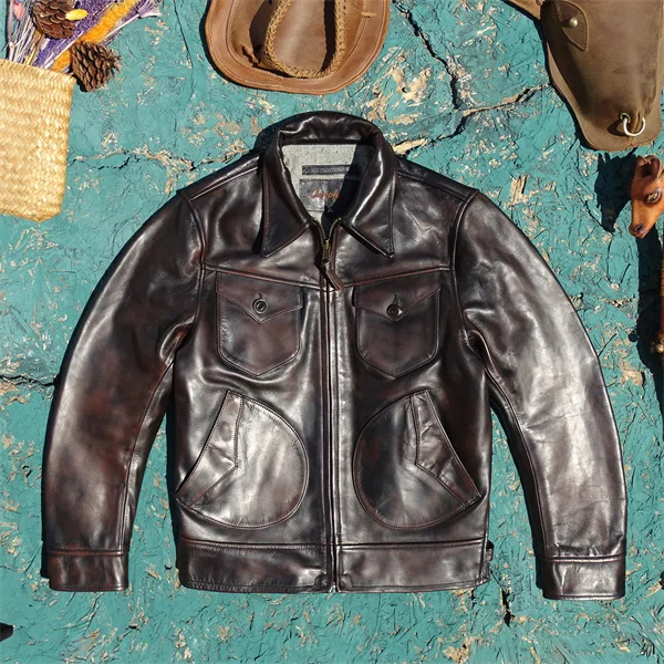 Tailor Brando Full Grain Teacore Horsehide Classic Handaged Mendoza Chaqueta de motociclista de cuero genuino para hombre