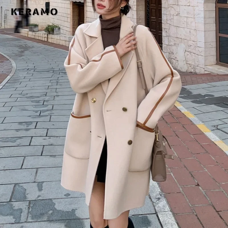 2024 Winter Casual Office Lady X-long Pokcet Oversized Wool Jacket Women Loose Solid Luxury Outerwear Notched Collar Warm Coat