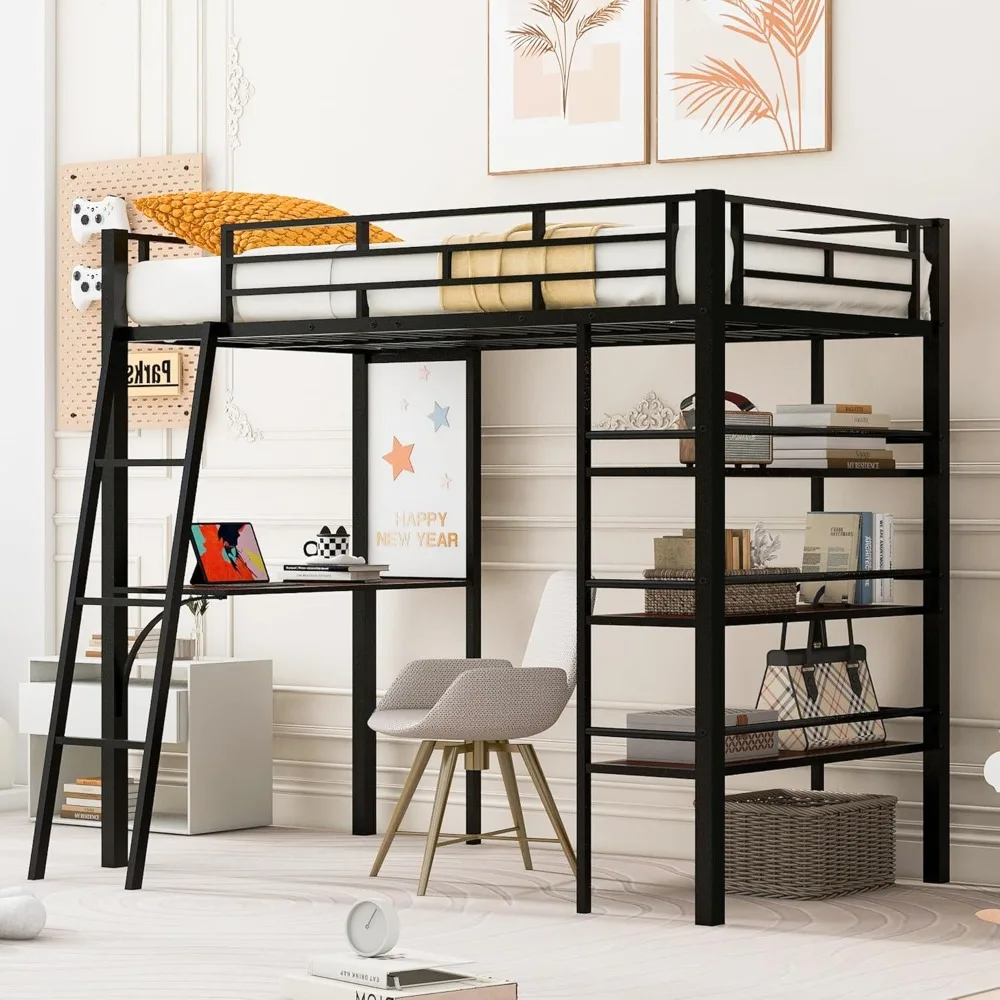 

Twin Size Loft Bed with Desk and 3 Layers Storage Shelves & Whiteboard, Stylish Metal Twin Loft Bed with 2 Ladder and Safety