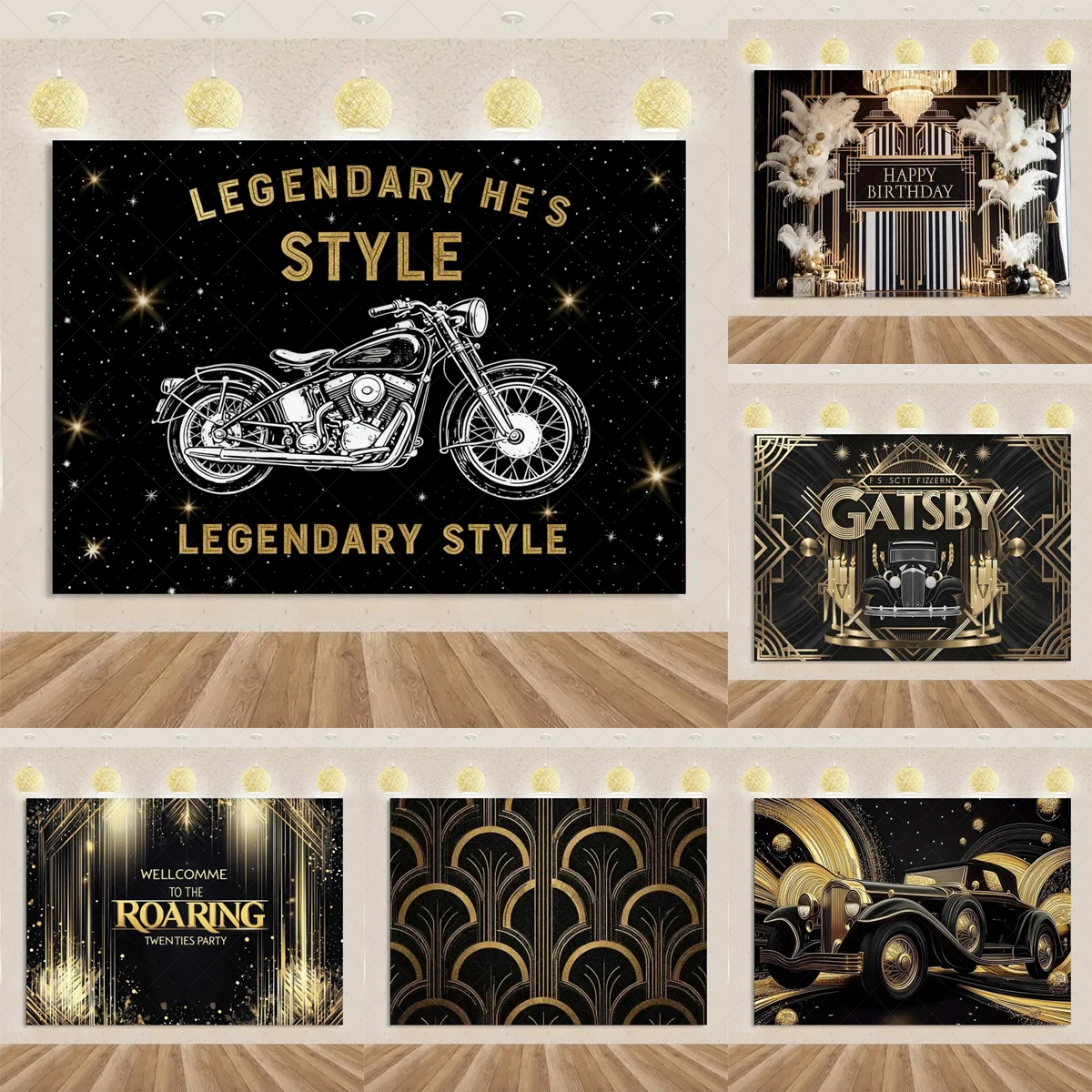 

Black Gold Roaring 20s The Great Gatsby Background Banner Retro Jazz Dance Wedding Birthday Background Partys Decoration Props