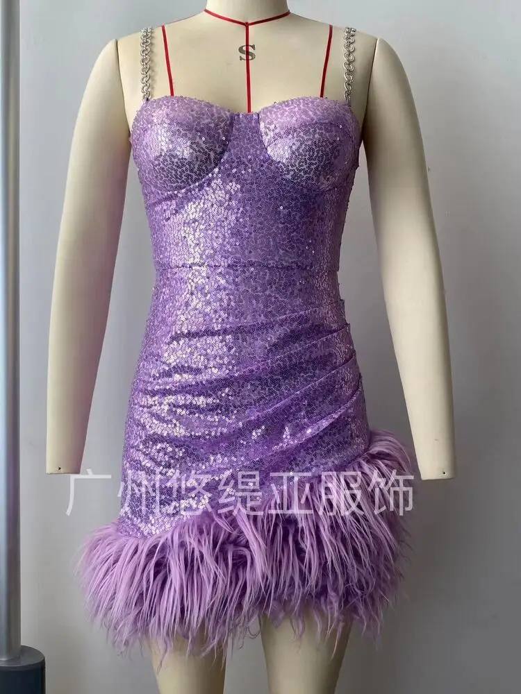 Sexy Line Dance Costume Jazz Sequins Y2k Dress Latin Women Feather Music Slim Fit Festival Irregular Contemporary Stage Dress