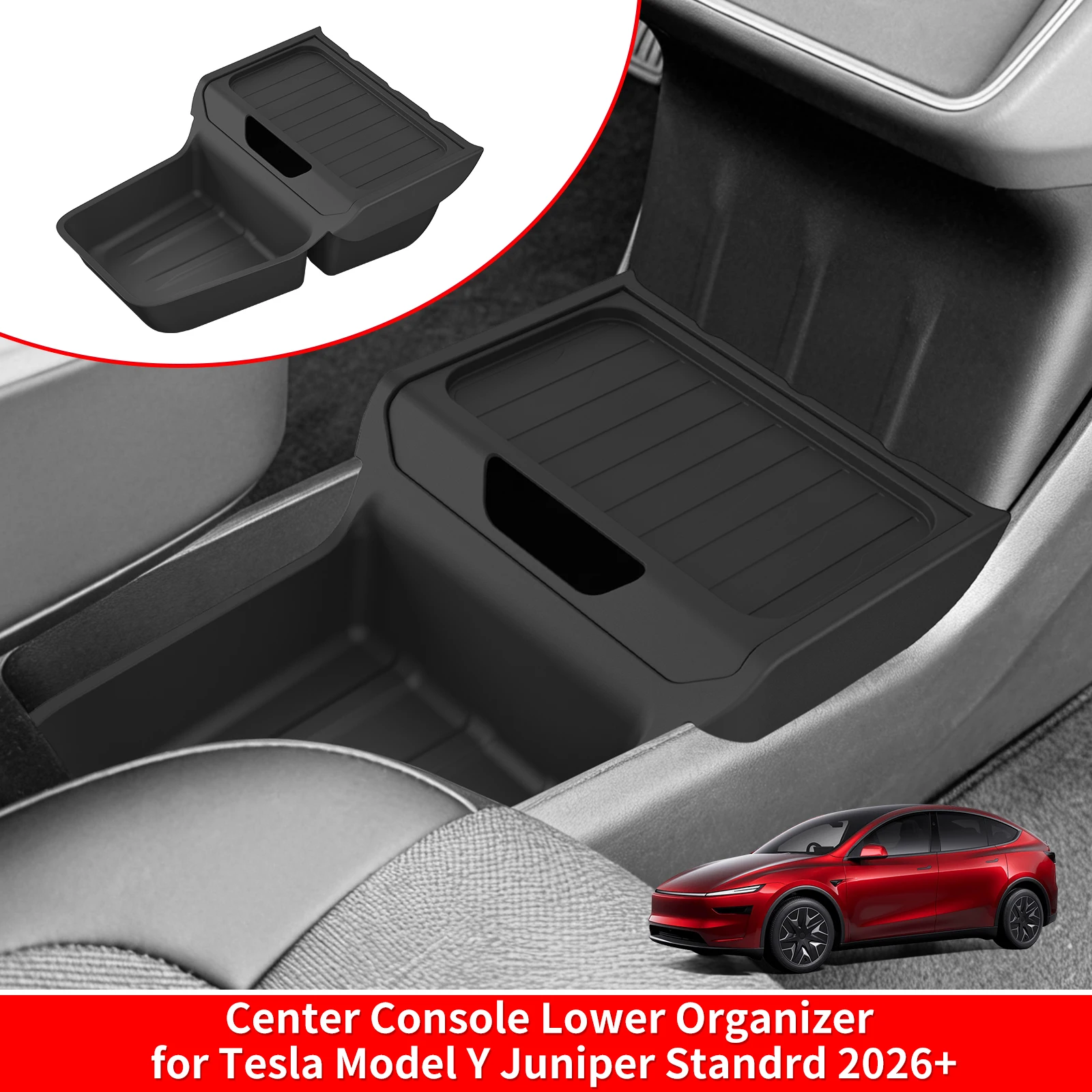 Pour Tesla Model Y Juniper Standard RWD 2026 2025 – Boîte de rangement inférieure de la console centrale en TPE, organiseur de plateau central, accessoires de rangement