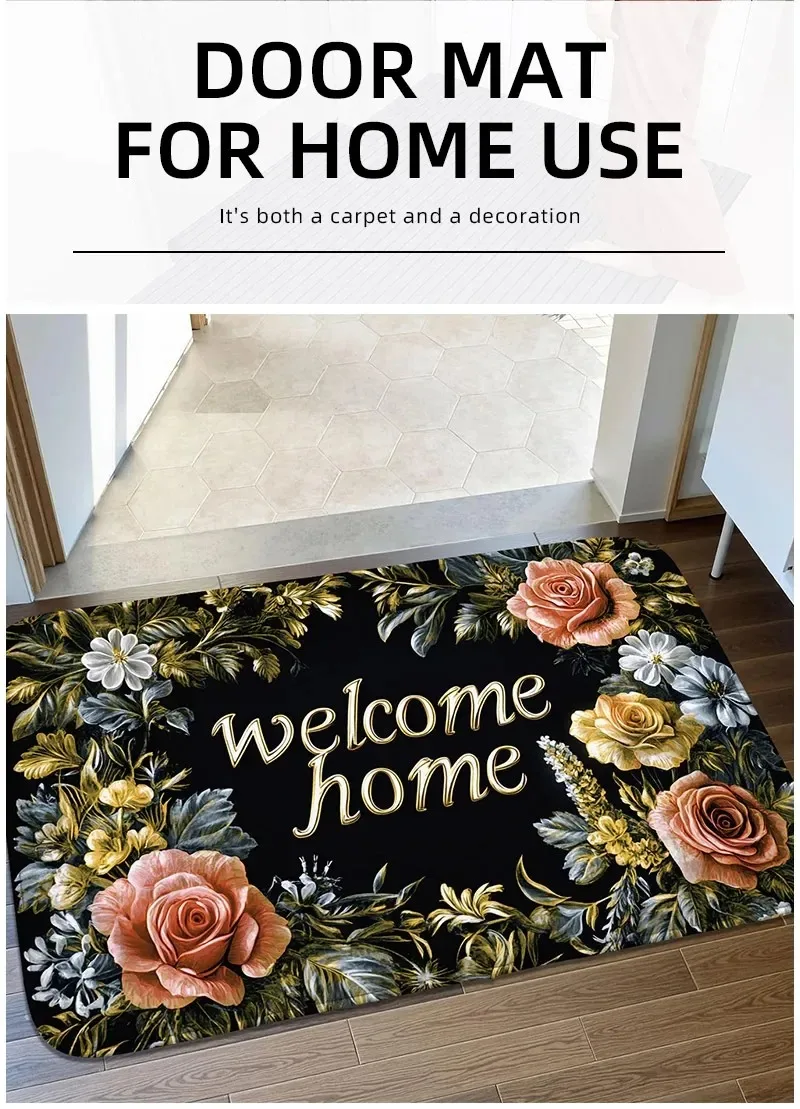 French retro rose oil painting style welcome home printed door mat  porch hall  indoor and outdoor decoration ntrance carpet