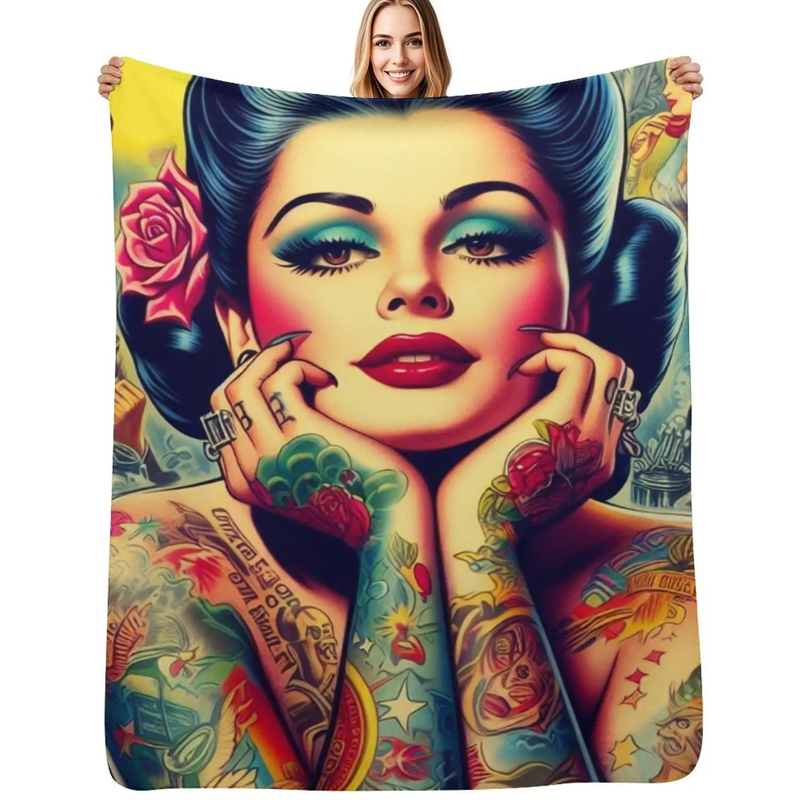 Retro Pretty Tattoo Pin-up Throw Blanket Wrinkle Resistant Lightweight Blanket