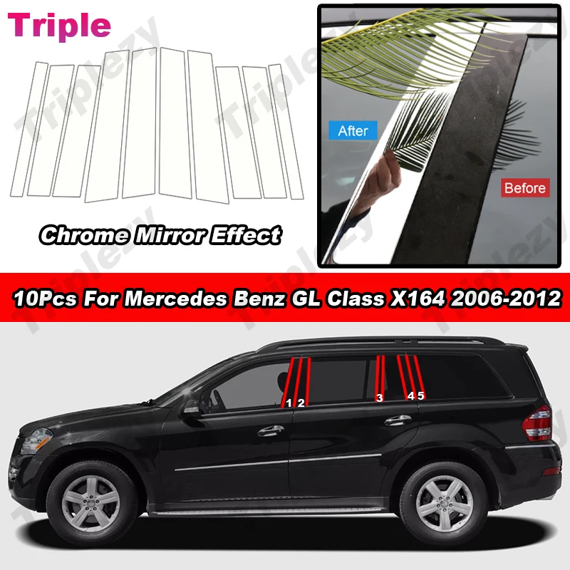 10 szt. Błyszczący chromowany słupek samochodowy lustrzany efekt osłony panel drzwiowy do Mercedes Benz GL Class X164 2006-2012