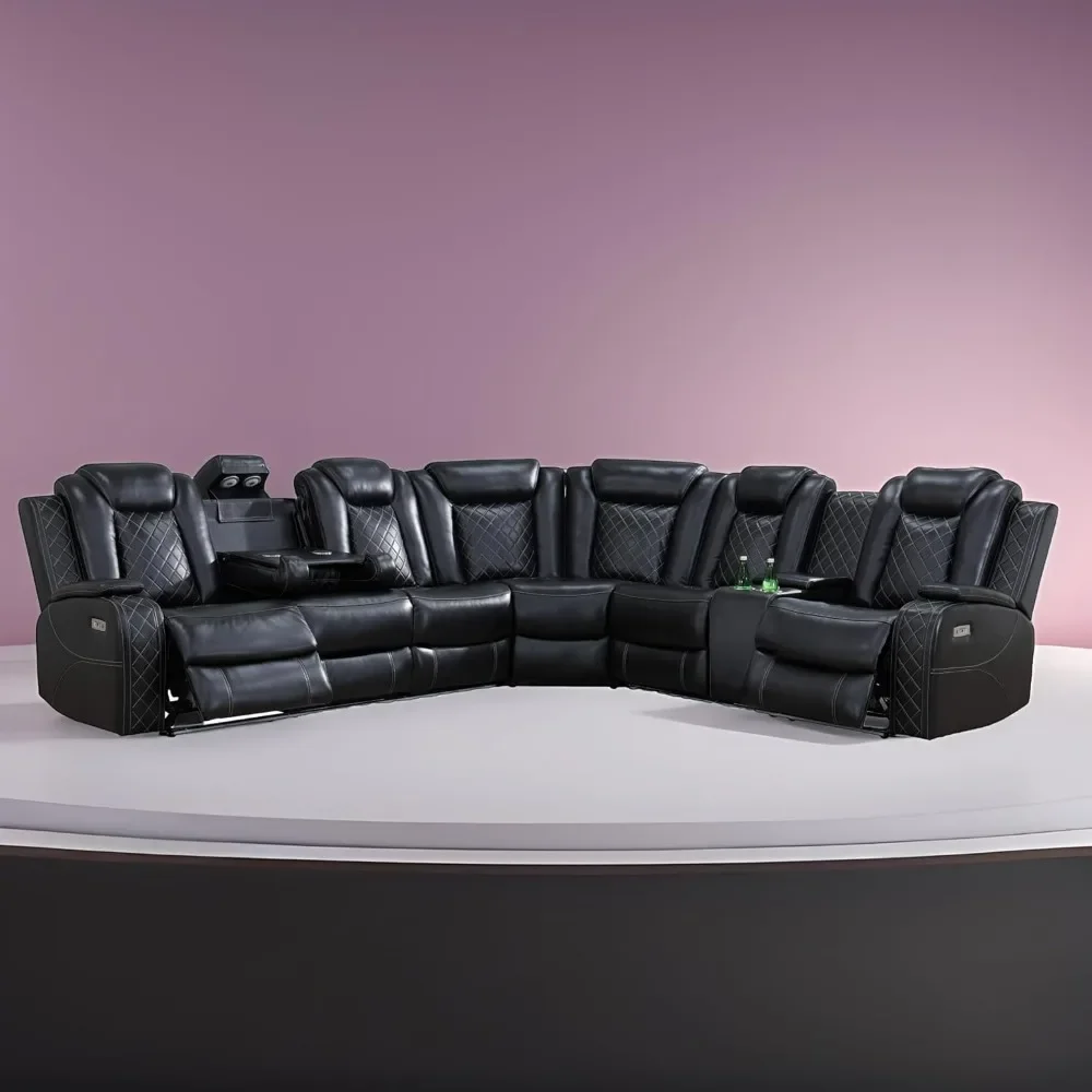 Leather Recliner Sectional with LED Lights, Reader Lights, Storage Consoles, Cup Holders, USB Charging Port, Sofa Living Room