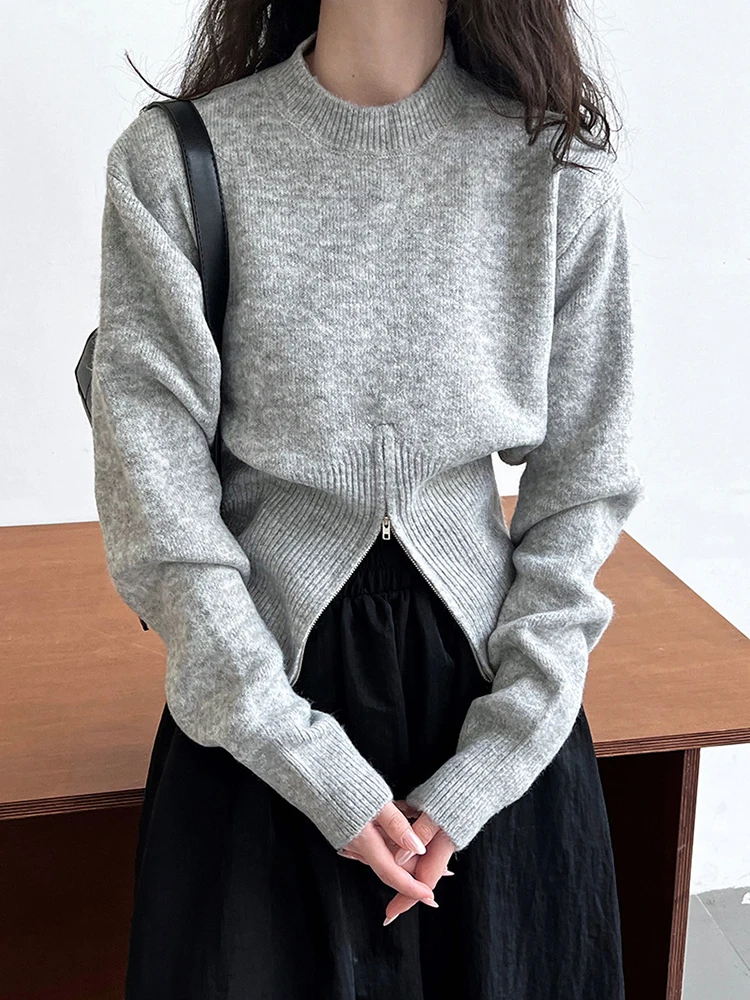 [EAM] Gray Hen Zipper Big Size Knitting Sweater Round Neck Long Sleeve Women Pullovers New Fashion Spring Autumn 2025 1DH1073