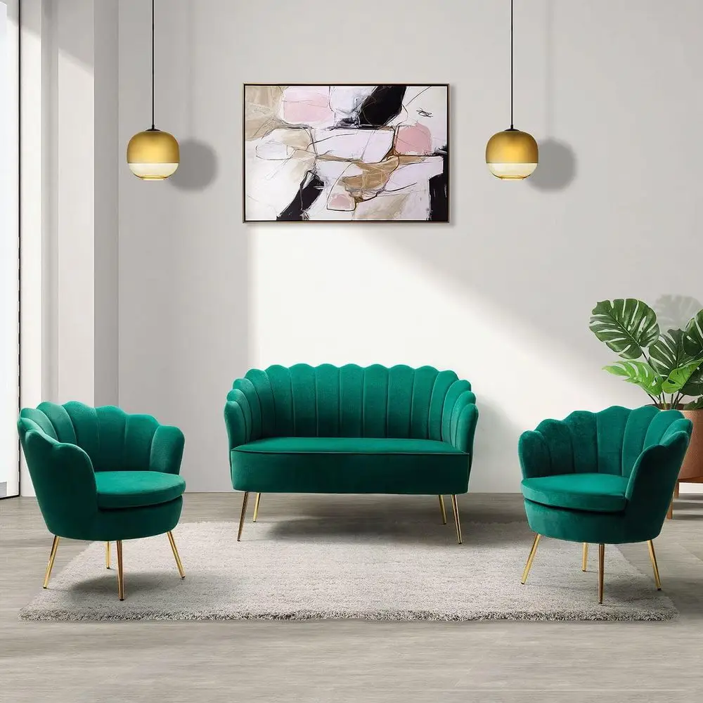 Velvet 3-Piece Living Room Set: Loveseat & 2 Sofa Chairs, Comfortable Upholstered Sofa & Accent Chair, Green with Gold Legs