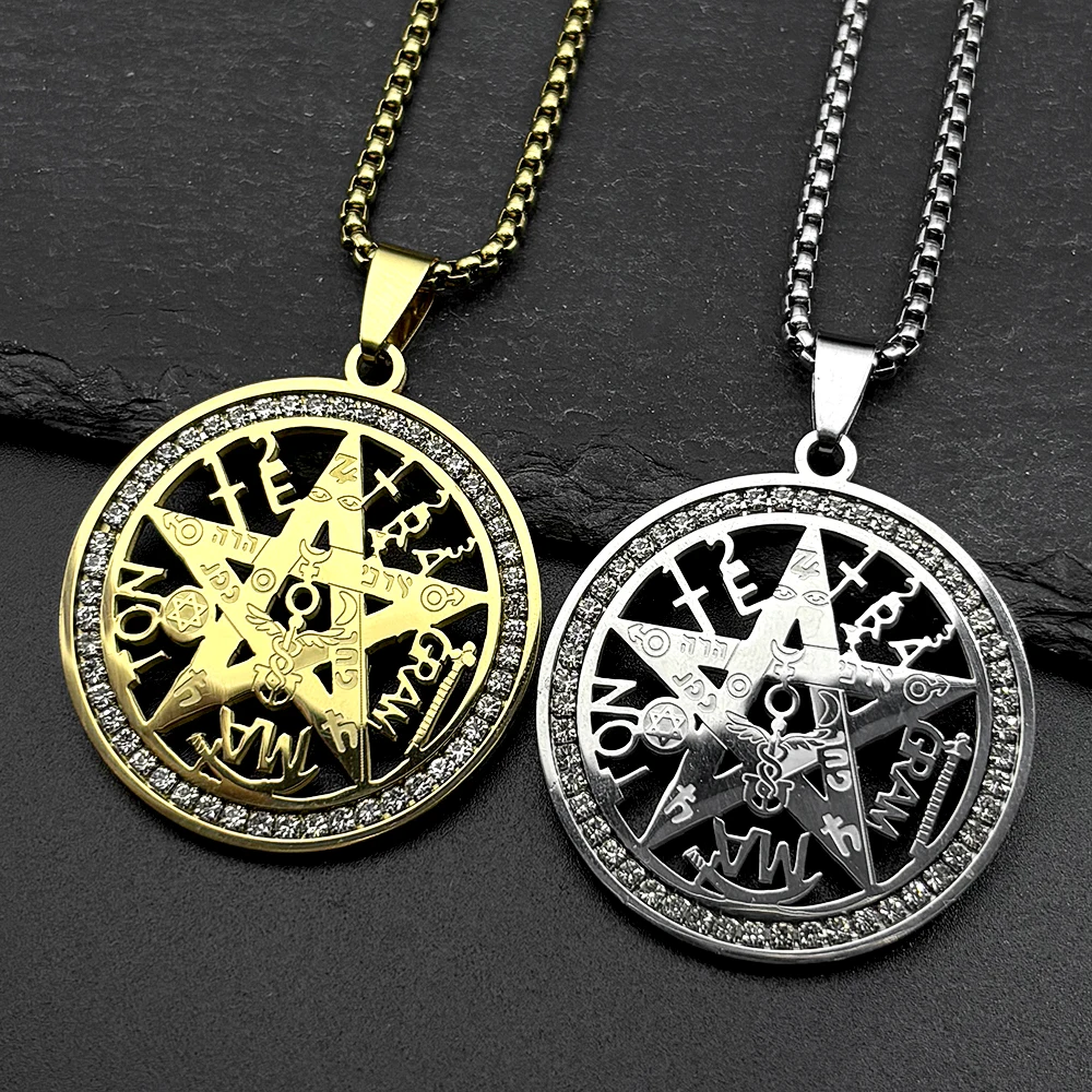 Tetragrammaton Jewish Hebrew Necklace for Women Men Stainless Steel Rhinestones Star Pentagram Talisman Chain Jewelry Gift