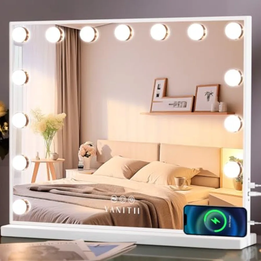 

VANITII Hollywood Vanity Mirror with Lights USB Charging 22.8"*18.1" Lighted Makeup Mirror with 15 LED Bulbs Dimmable 3 Modes T
