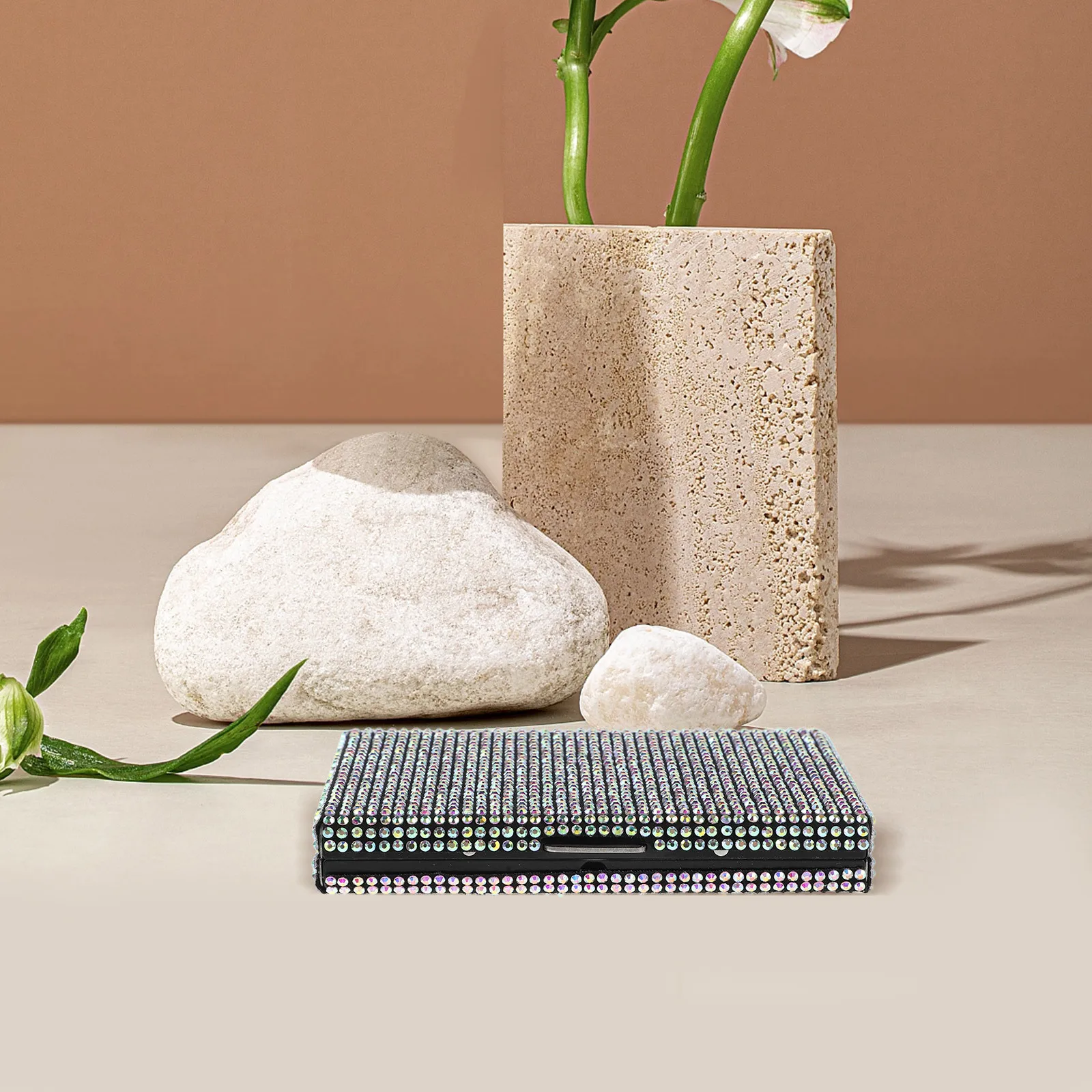 

Rhinestone Business Card Holder Metal Case Slim 3.89x2.71x0.61 Office Travel Purse Pocket Vehicle Compact Organizer