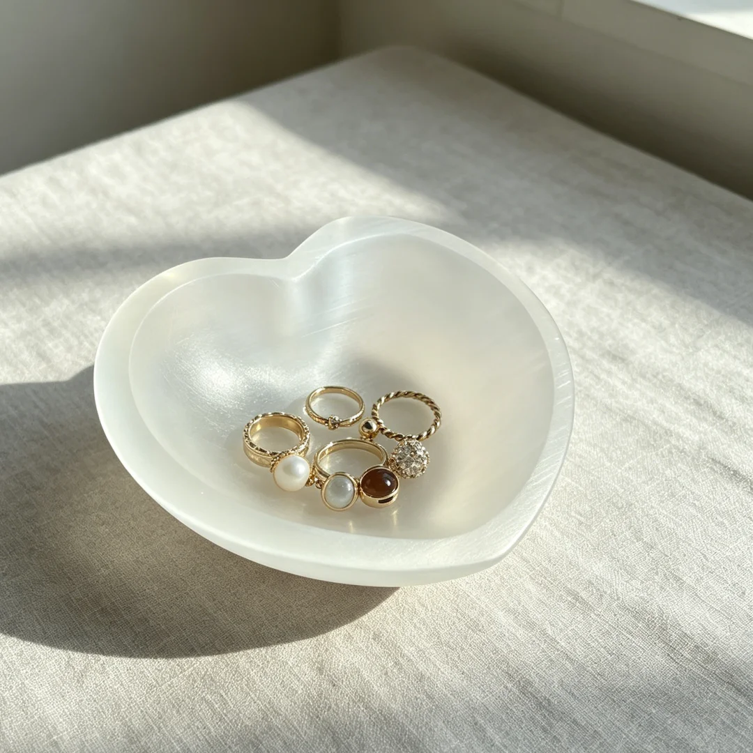 1pc Selenite Bowl Plate Ornament, Heart-shaped Carved Quartz Crystal,Gift for Friend, Office Bedroom Living Room Home Decoration