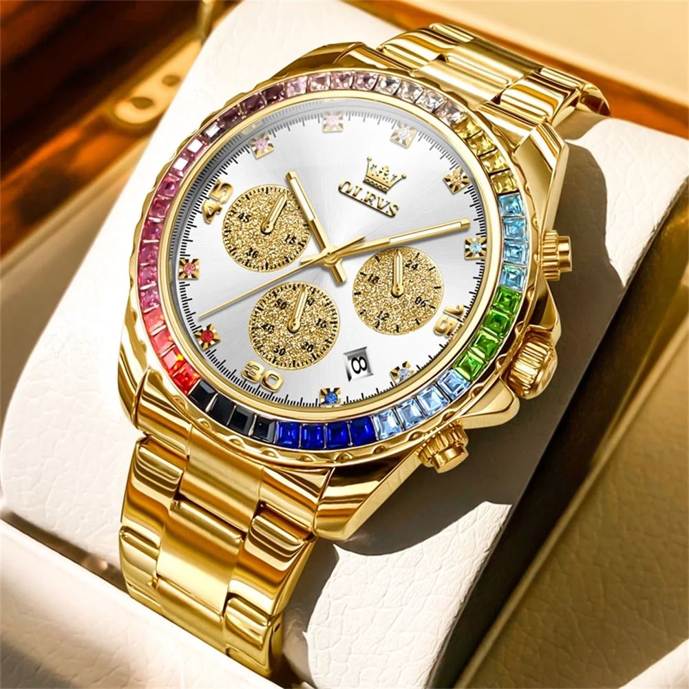 Uhr für Männer OLEVS Regenbogen Edelstein Lünette Business Luxus Top Marke Quarz Uhren Wasserdichte Sport Uhren reloj hombre 3