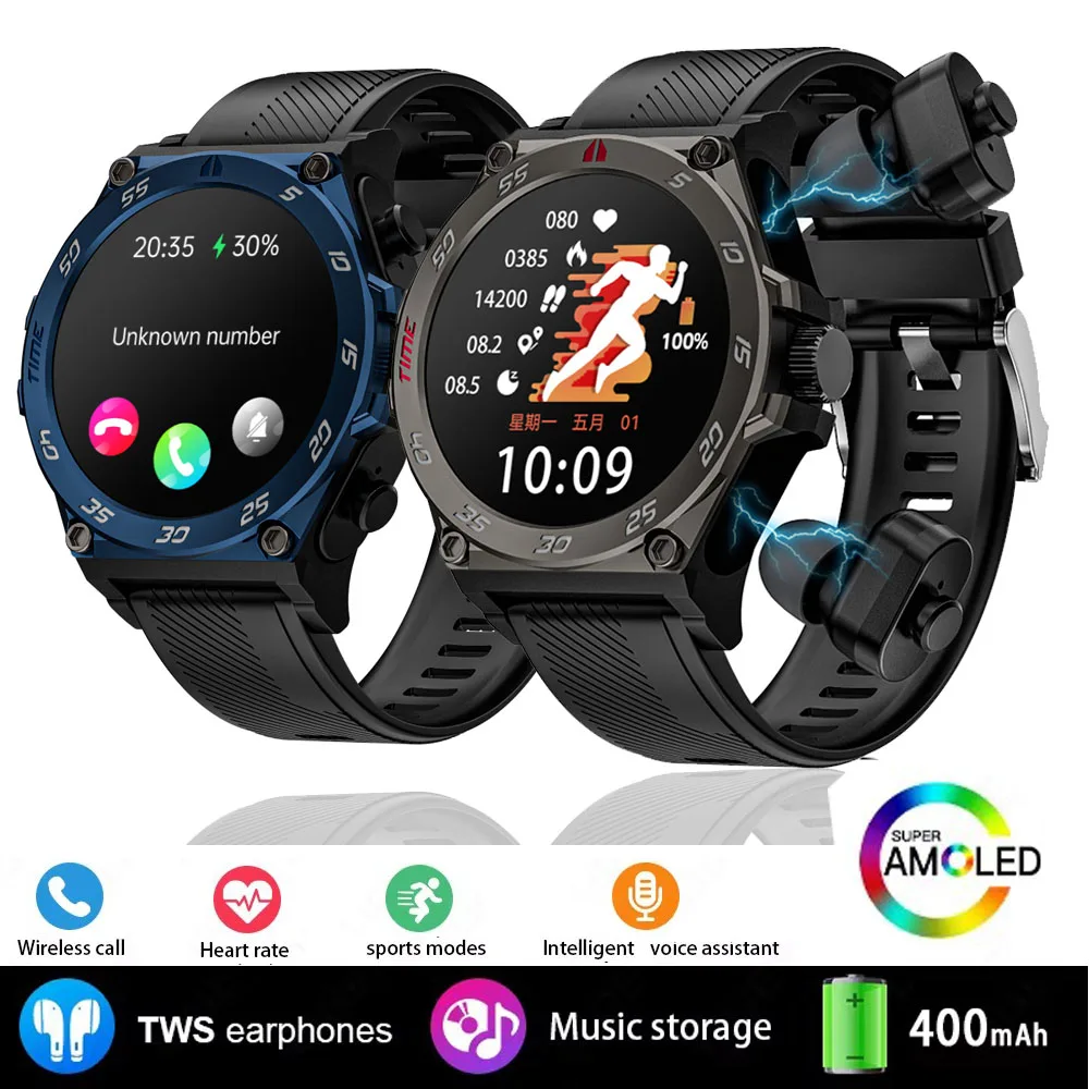 

Встроенные беспроводные Bluetooth-наушники Smartwatch TWS Наушники 2 в 1, мужские AMOLED HD-экраны, водонепроницаемые умные часы с наушниками